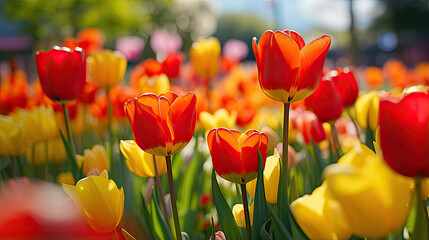 A vibrant field of tulips in various shades of red and yellow