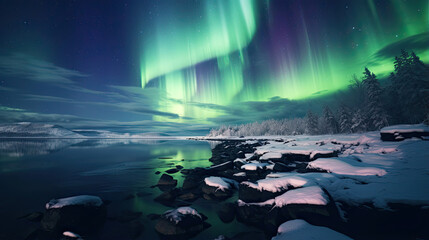 Majestic aurora borealis dancing across a winter night sky