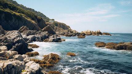 Serene coastal scene with calm waters and rocky cliffs