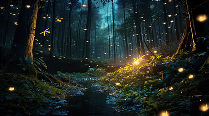 Enchanting fireflies creating a magical dance of lights in a serene forest at twilight