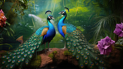 Fototapeta premium Exotic peacocks flaunting their dazzling plumage in a lush garden, capturing nature's artistry