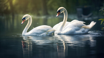 Obraz premium Tranquil swans gliding across the mirror-like surface of a serene lake, radiating elegance and poise