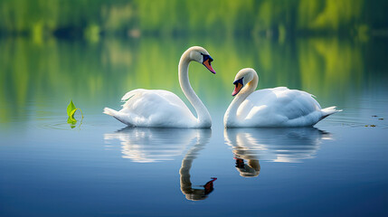 Tranquil swans gliding across the mirror-like surface of a serene lake, radiating elegance and poise