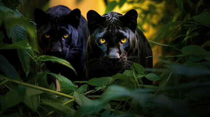 Mysterious black panthers prowling through the dense undergrowth of a tropical rainforest, blending into the shadows