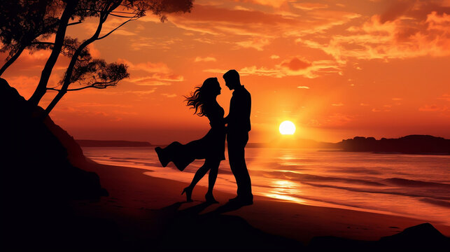 A man and a woman in love on the seashore meets the sunset