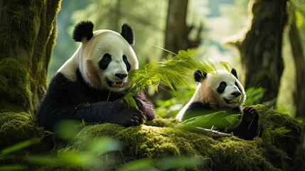 Obraz premium Gentle giant pandas lounging and munching on bamboo in a lush bamboo forest