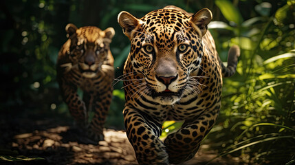 Fierce jaguars prowling through the dense Amazon rainforest, blending seamlessly into the shadows