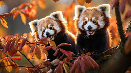 Fototapeta premium Cuddly red pandas playfully frolicking among the treetops in a vibrant autumn forest