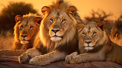 Noble African lions basking in the warm golden glow of a breathtaking sunset on the savanna