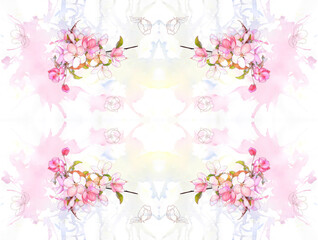 Fototapeta na wymiar seamless pattern, apple tree flowers, transparent watercolor on a white background, contour drawing