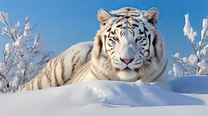Regal white tiger resting in a serene snowy landscape