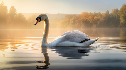 Elegant swan gliding gracefully across a serene lake at dawn