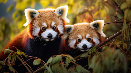Fototapeta premium Endearing red pandas nestled among the branches of a bamboo forest, showcasing their adorable charm