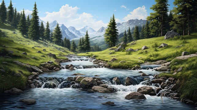 Hyperrealistic view of a tranquil mountain stream