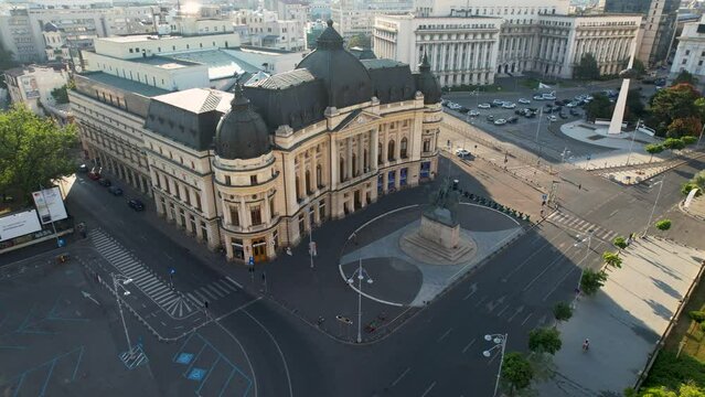 Rotating Aerial View Of The Central University Library On Calea Victoriei Avenue And The Statue Of King Carol The First, Bucharest, Romania, Historic Building