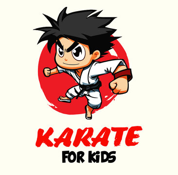 Vector Cartoon Boy in karate discipline. Martial arts school for childrens. Baby Karate logo. Strong kids concept.
