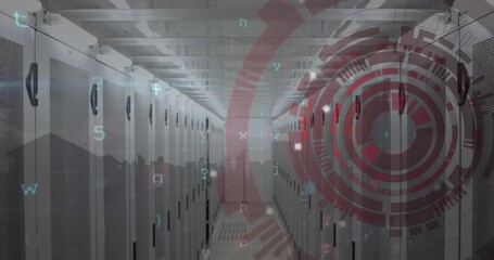 Animation of cyber security data processing and red round scanner spinning against server room - Powered by Adobe