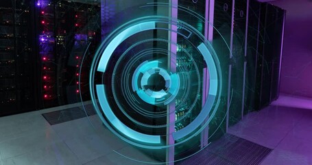 Animation of neon blue round scanner spinning against computer server room - Powered by Adobe