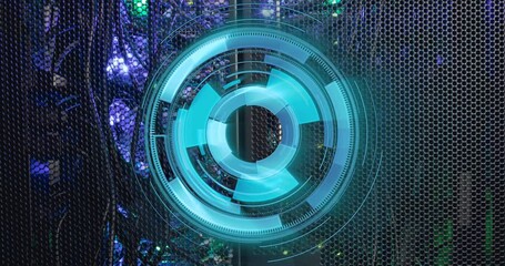 Animation of neon blue round scanner spinning against close up of computer server - Powered by Adobe