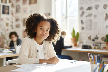 A 10-year-old afro-american girl sits at a desk in a white sunny classroom in a European 
learning center, on the white wall of which children's drawings hang, girl sitting at table in classroom