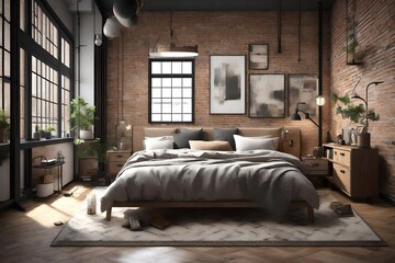  a 3D rendering of a small bedroom inspired by urban loft aesthetics.