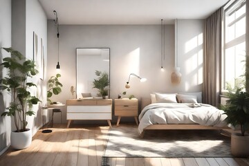  a 3D rendering of a small bedroom with a beachside theme. 