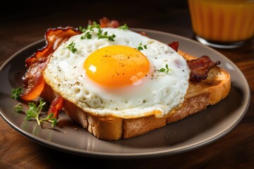 Traditional full English breakfast with fried eggs, sausages, beans, grilled tomatoes and bacon. AI Generated