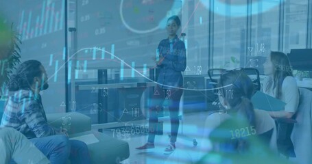 Animation of stock market data processing against biracial woman giving a presentation at office - Powered by Adobe