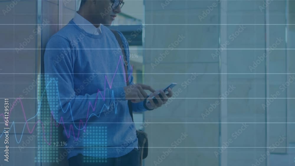Poster animation of statistical data processing against biracial man using smartphone at office