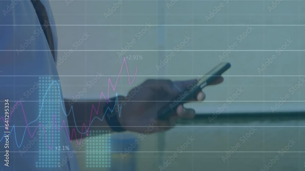 Poster animation of statistical data processing against mid section of man using smartphone while walking