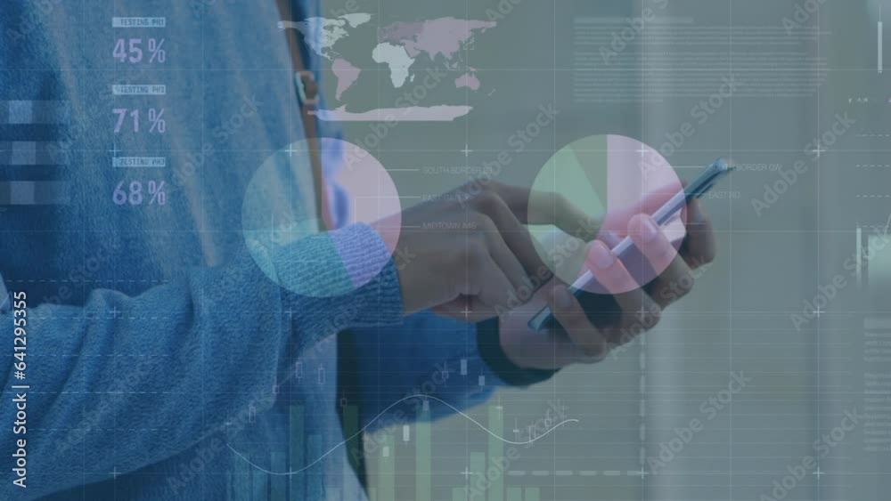 Poster animation of statistical data processing against mid section of a man using smartphone at office
