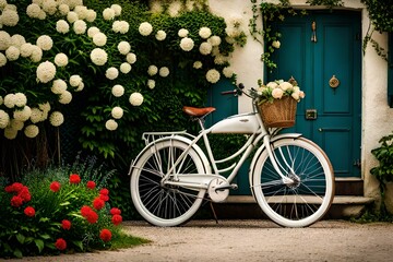 Fototapeta na wymiar decorated bicycle in of decorated house with green and white flowers generated by AI tool 