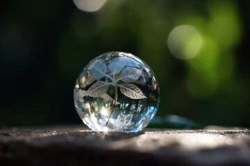 A crystal globe with a sprout. Natural background. Sunny bright lighting. Photorealistic illustration. Ecological concept. Earth Day. 