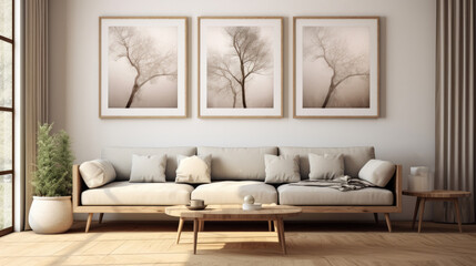 Stylish modern living room in light gray tones, vases of flowers, comfortable sofa, frames on the wall.