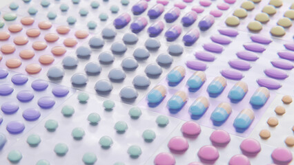 3d render health and pharma. Heap of medical pills in white, blue and other colors. Pills in plastic package. Concept of healthcare and medicine.