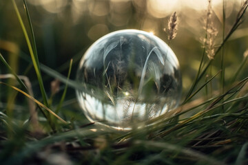A crystal ball with a sprout, lying in the grass. Natural background. Sunny bright lighting. Photorealistic illustration. Ecological concept. Earth Day. 