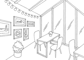 Attic cafe interior graphic black white sketch illustration vector
