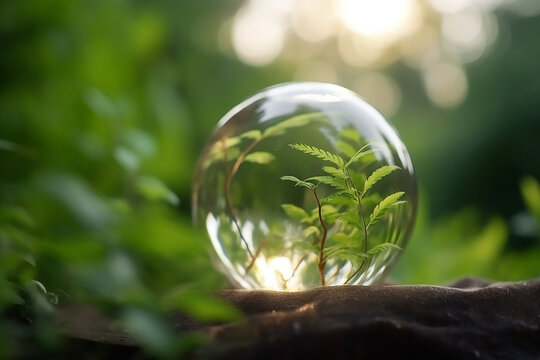 A crystal globe with a tree. Natural background. Sunny bright lighting. Photorealistic illustration. Ecological concept. Earth Day. 