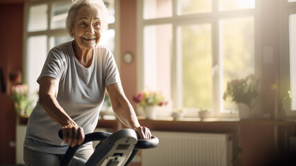 Portrait of an active elderly woman doing sports in a nursing ho