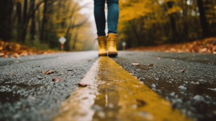 Fototapeta premium Woman's legs hiking in asphalt road, copy space