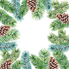 Christmas Border Greeting card, poster, banner concept. Frame of pine branches and cones on white background, New Year watercolor hand drawn illustration with  space for text.