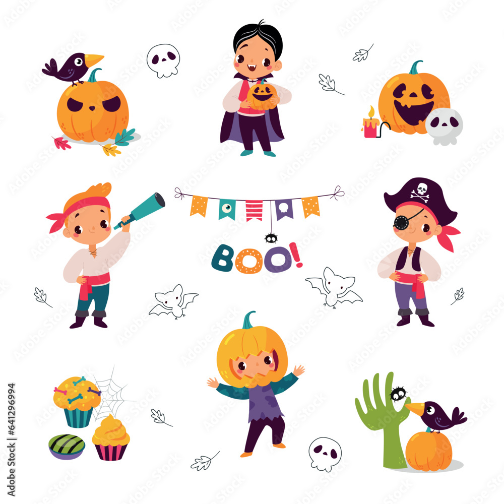 Canvas Prints happy boy character at halloween party celebration vector illustration set