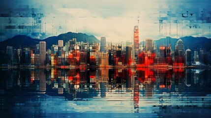 Obraz premium Glitch art of a city skyline made with Ai generative technology