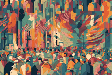 Psychedelic illustration with a crowd in a gothic or psychedelic city with lanterns