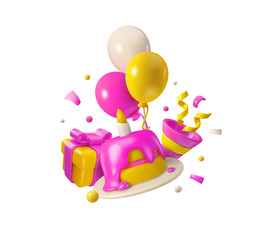 Vector 3d pink birthday composition. Simple minimal render style composition isolated on white background. Cake with candle, balloons and gift box - 641297160
