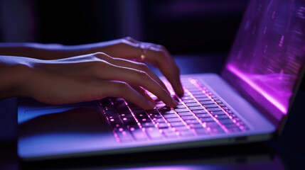 Close-up of female hands typing on a laptop keyboard at night wi