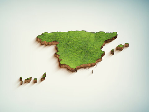 High-quality Spain 3D soil map, Spain 3D soil map render.