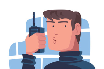Man Spy Character Investigating Talking via Radio Transmitter Vector Illustration