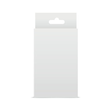 White paper packaging box with hanging hole. Product packaging collection. Vector