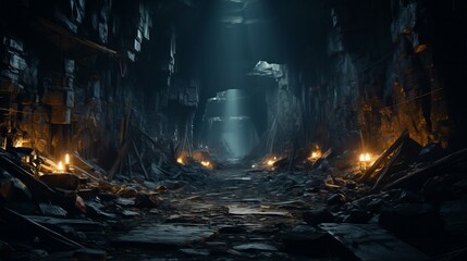 A dark tunnel in abandoned mine filled with rubble. Generative AI.